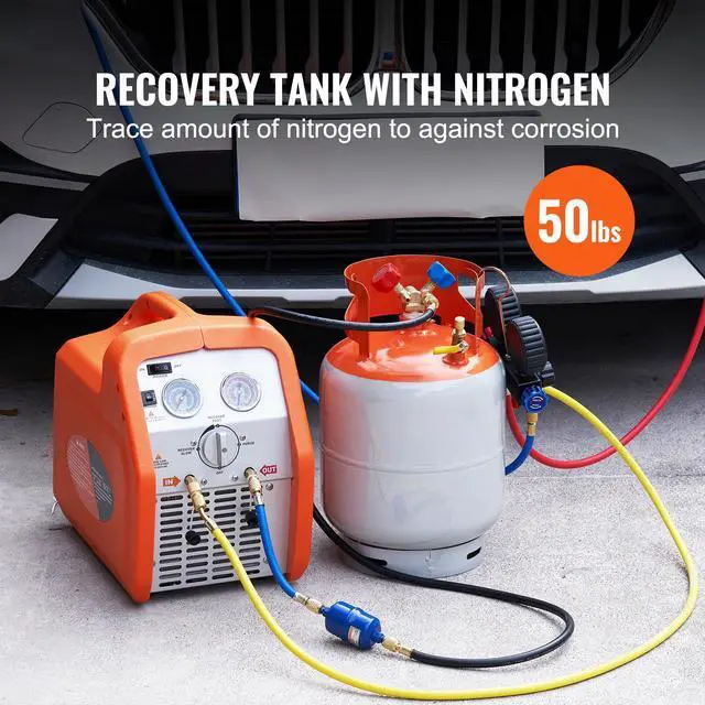 Alt view image 9 of 14 - VEVOR  Refrigerant Recovery Tank, 50 LBS Capacity, 400 psi Portable Cylinder Tank with Y-Valve for Liquid/Vapor, High-sealing Recovery Can for R22/R134A/R410A, Orange+Gray