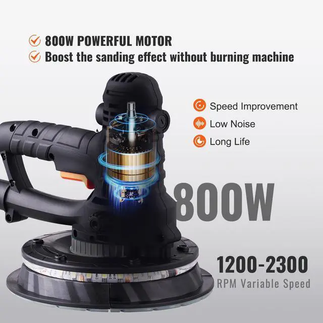 Alt view image 11 of 15 - VEVOR Drywall Sander 800W Brush Motor 1200-2300RPM Variable Speed & Auto Vacuum