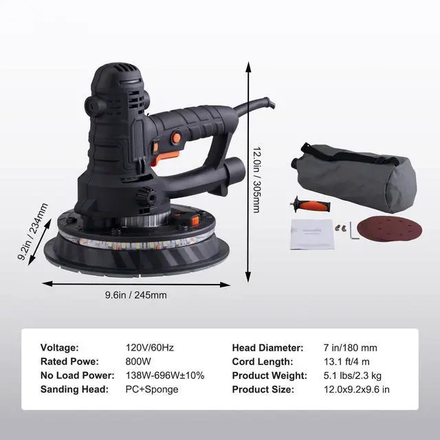 Alt view image 15 of 15 - VEVOR Drywall Sander 800W Brush Motor 1200-2300RPM Variable Speed & Auto Vacuum