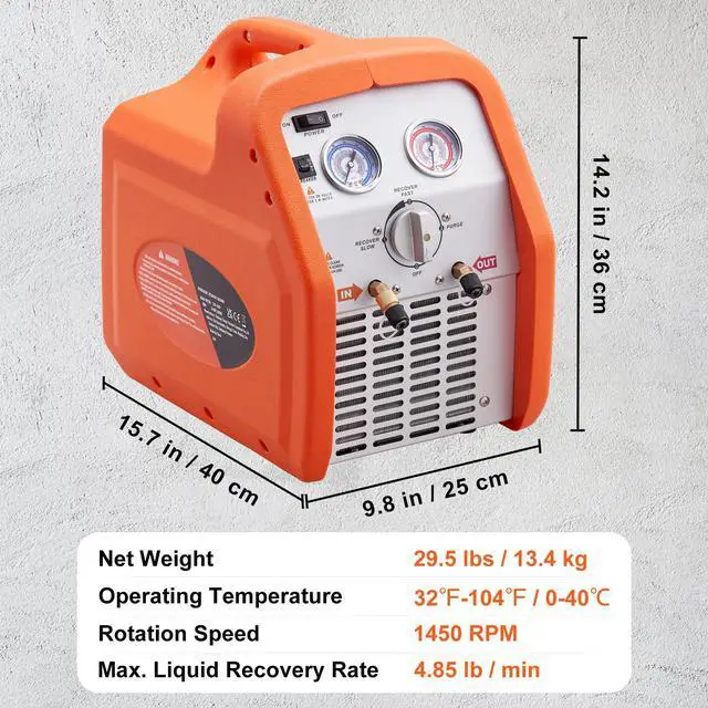 Alt view image 15 of 15 - VEVOR Portable 3/4 HP Refrigerant Recovery Machine - AC Recovery Machine with High Pressure Protection 120V 60Hz Recovery Machine HVAC for Vapor Liquid Refrigerant, Car Air Conditioning