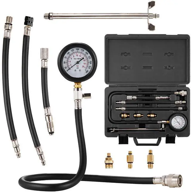Alt view image 8 of 14 - VEVOR Compression Tester Adapter Kit, 9 Pcs Automotive Engine Cylinder Leak Down Compression Test, Accurate Dual Scale Pressure Gauge 0-300 psi, with Long Reach Hoses and Case for Engine Cylinders