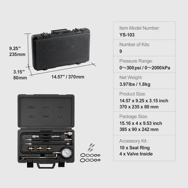 Alt view image 14 of 14 - VEVOR Compression Tester Adapter Kit, 9 Pcs Automotive Engine Cylinder Leak Down Compression Test, Accurate Dual Scale Pressure Gauge 0-300 psi, with Long Reach Hoses and Case for Engine Cylinders