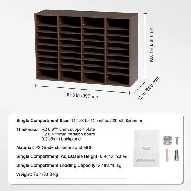 Alt view image 15 of 15 - VEVOR Literature Organizers, 36 Compartments Office Mailbox with Adjustable Shelves, Wood Literature Sorter 39.3x12x26.8 inches for Office, Home, Classroom, Mailrooms Organization, EPA Certified Brown