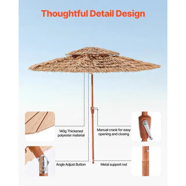 Alt view image 14 of 14 - Tiki Umbrella 2-Tier Thatched Patio Umbrella 9 ft for Pool Patio Beach