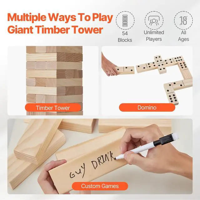 Alt view image 9 of 14 - VEVOR Tumbling Timber Toy 54 Blocks Large Tumble Tower Blocks Game Pine Wood Bag