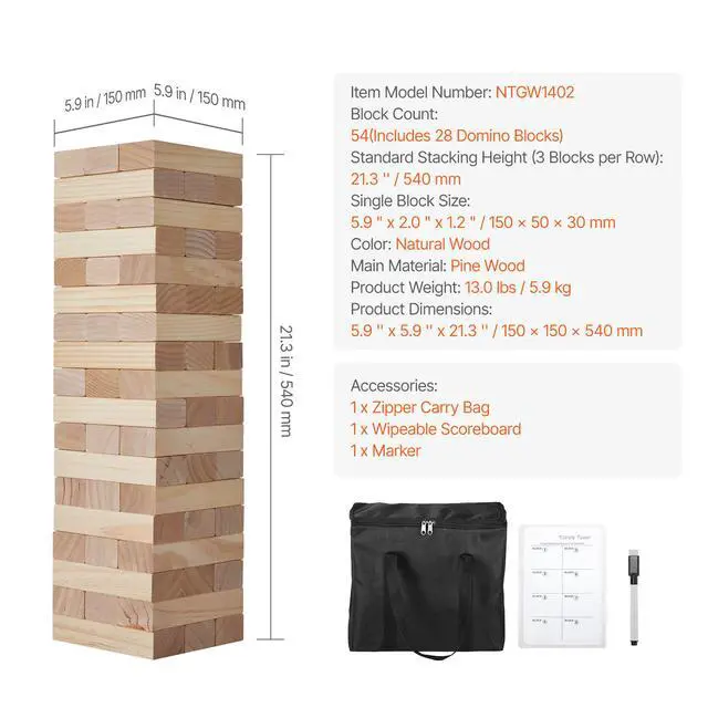 Alt view image 14 of 14 - VEVOR Tumbling Timber Toy 54 Blocks Large Tumble Tower Blocks Game Pine Wood Bag