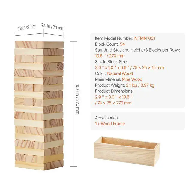 Alt view image 14 of 14 - VEVOR Tumbling Timber Toy 54 Blocks Tumble Tower Blocks Game Pine Wood Crate