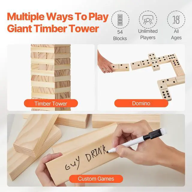 Alt view image 3 of 8 - VEVOR Tumbling Timber Toy, 54 Blocks Tumble Tower Blocks Game, Pine Wood Tumbling Tower Game with Storage Crate, Multiple Ways to Play Wooden Stacking Game, Tumble Tower Family Game for Indoor/Outdoor