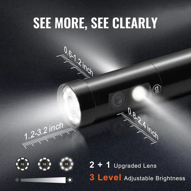 Alt view image 10 of 15 - VEVOR Triple Lens Industrial Endoscope, 5" IPS Screen Borescope Inspection Camera with Lights, Split Screen, 8x Zoom, IP67 Waterproof Drain Snake Camera for Auto, Plumbing(16.5FT Cable, 32GB Card)