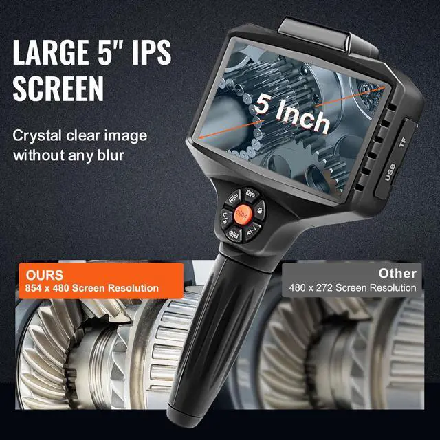 Alt view image 11 of 15 - VEVOR Triple Lens Industrial Endoscope, 5" IPS Screen Borescope Inspection Camera with Lights, Split Screen, 8x Zoom, IP67 Waterproof Drain Snake Camera for Auto, Plumbing(16.5FT Cable, 32GB Card)