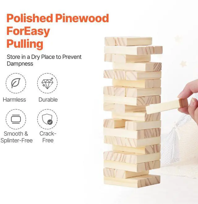Alt view image 5 of 8 - VEVOR Tumbling Timber Toy, 54 Blocks Tumble Tower Blocks Game, Pine Wood Tumbling Tower Game with Storage Crate, Multiple Ways to Play Wooden Stacking Game, Tumble Tower Family Game for Indoor/Outdoor