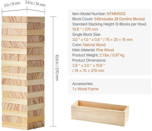 Alt view image 8 of 8 - VEVOR Tumbling Timber Toy, 54 Blocks Tumble Tower Blocks Game, Pine Wood Tumbling Tower Game with Storage Crate, Multiple Ways to Play Wooden Stacking Game, Tumble Tower Family Game for Indoor/Outdoor