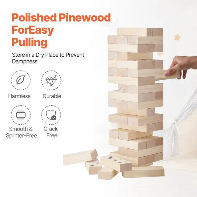 Alt view image 5 of 8 - VEVOR Tumbling Timber Toy, 54 Blocks Medium Tumble Tower Blocks Game, Pine Wood Tumbling Tower Game with Carry Bag and Scoreboard, Wooden Stacking Game, Tumble Tower Family Games for Indoor/Outdoor