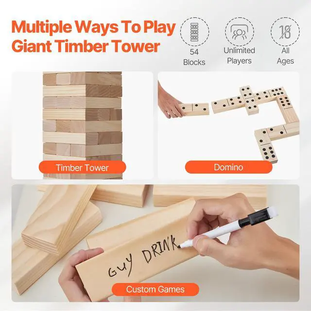 Alt view image 3 of 8 - VEVOR Tumbling Timber Toy, 54 Blocks Medium Tumble Tower Blocks Game, Pine Wood Tumbling Tower Game with Carry Bag and Scoreboard, Wooden Stacking Game, Tumble Tower Family Games for Indoor/Outdoor