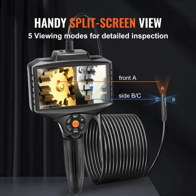 Alt view image 12 of 15 - VEVOR Triple Lens Industrial Endoscope, 5" IPS Screen Borescope Inspection Camera with Lights, Split Screen, 8x Zoom, IP67 Waterproof Drain Snake Camera for Auto, Plumbing(16.5FT Cable, 32GB Card)