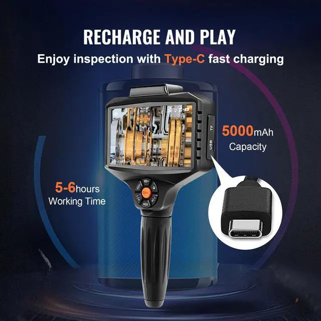 Alt view image 13 of 15 - VEVOR Triple Lens Industrial Endoscope, 5" IPS Screen Borescope Inspection Camera with Lights, Split Screen, 8x Zoom, IP67 Waterproof Drain Snake Camera for Auto, Plumbing(16.5FT Cable, 32GB Card)