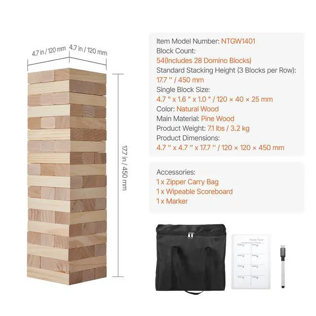 Alt view image 8 of 8 - VEVOR Tumbling Timber Toy, 54 Blocks Medium Tumble Tower Blocks Game, Pine Wood Tumbling Tower Game with Carry Bag and Scoreboard, Wooden Stacking Game, Tumble Tower Family Games for Indoor/Outdoor