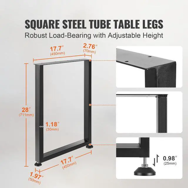 Alt view image 9 of 14 - VEVOR 28 Inch Adjustable Furniture Legs, Square Reinforced Steel Office Table legs Set of 2 for DIY, Max Load 1000 lbs Heavy Duty Desk Legs, Quick Instalation & Rich Accessories Legs Black