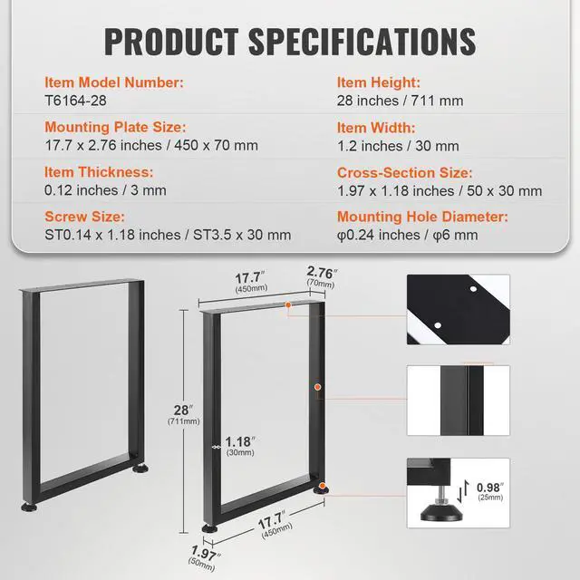 Alt view image 14 of 14 - VEVOR 28 Inch Adjustable Furniture Legs, Square Reinforced Steel Office Table legs Set of 2 for DIY, Max Load 1000 lbs Heavy Duty Desk Legs, Quick Instalation & Rich Accessories Legs Black