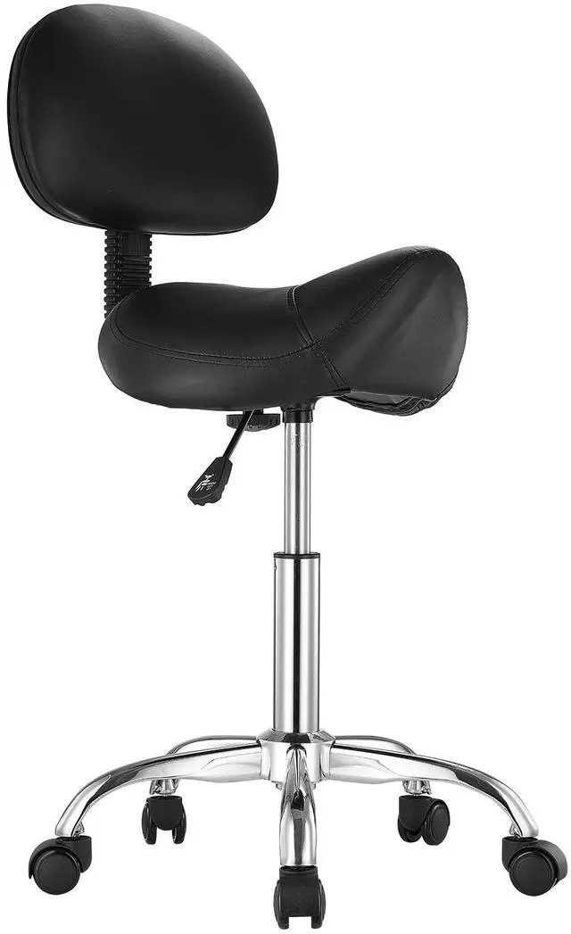 Alt view image 2 of 8 - VEVOR Saddle Stool with Back Support and Wheels, 450 LBS Weight Capacity Ergonomic Rolling Stool, Height Adjustable Thickened PU Leather Swivel Saddle Chair for Salon, Spa, Massage, Tattoo, Black