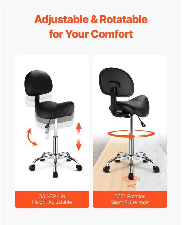 Alt view image 5 of 8 - VEVOR Saddle Stool with Back Support and Wheels, 450 LBS Weight Capacity Ergonomic Rolling Stool, Height Adjustable Thickened PU Leather Swivel Saddle Chair for Salon, Spa, Massage, Tattoo, Black