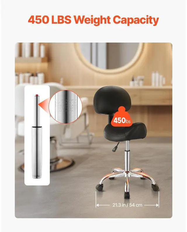 Alt view image 4 of 8 - VEVOR Saddle Stool with Back Support and Wheels, 450 LBS Weight Capacity Ergonomic Rolling Stool, Height Adjustable Thickened PU Leather Swivel Saddle Chair for Salon, Spa, Massage, Tattoo, Black