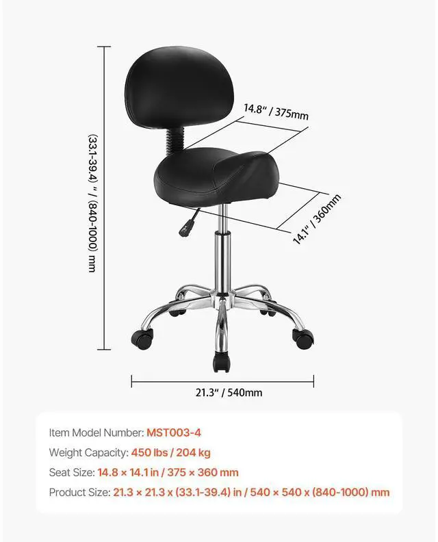 Alt view image 8 of 8 - VEVOR Saddle Stool with Back Support and Wheels, 450 LBS Weight Capacity Ergonomic Rolling Stool, Height Adjustable Thickened PU Leather Swivel Saddle Chair for Salon, Spa, Massage, Tattoo, Black
