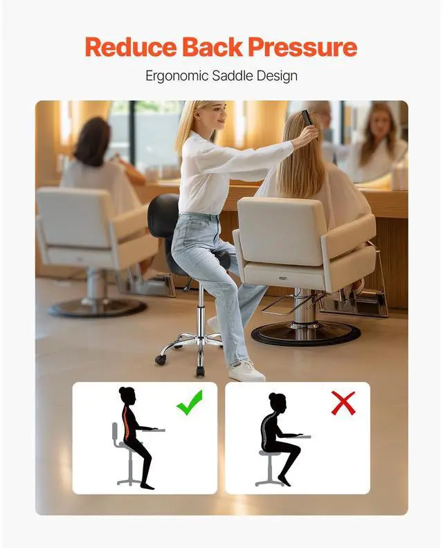 Alt view image 6 of 8 - VEVOR Saddle Stool with Back Support and Wheels, 450 LBS Weight Capacity Ergonomic Rolling Stool, Height Adjustable Thickened PU Leather Swivel Saddle Chair for Salon, Spa, Massage, Tattoo, Black