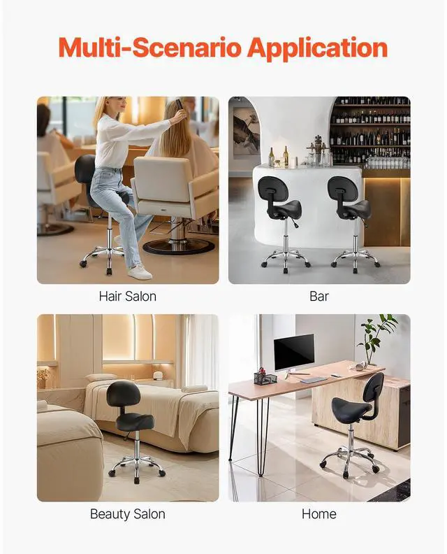 Alt view image 7 of 8 - VEVOR Saddle Stool with Back Support and Wheels, 450 LBS Weight Capacity Ergonomic Rolling Stool, Height Adjustable Thickened PU Leather Swivel Saddle Chair for Salon, Spa, Massage, Tattoo, Black