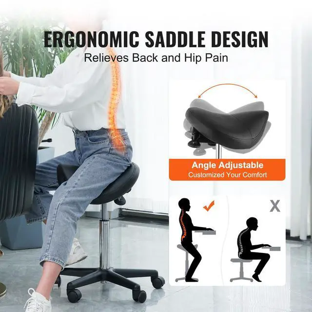 Alt view image 9 of 14 - VEVOR Saddle Stool with Wheels, 400 LBS Weight Capacity, Height Adjustable Thickened PU Leather Swivel Saddle Stool Chair for Salon, Spa, Tattoo, Clinic, Black