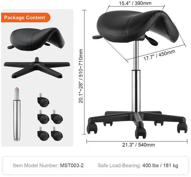 Alt view image 14 of 14 - VEVOR Saddle Stool with Wheels, 400 LBS Weight Capacity, Height Adjustable Thickened PU Leather Swivel Saddle Stool Chair for Salon, Spa, Tattoo, Clinic, Black