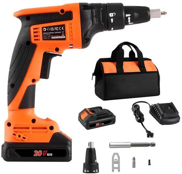 Alt view image 8 of 14 - VEVOR Drywall Screw Gun, 20V Max Drywall Screwgun, 4200RPM Brushless Cordless Drywall Gun Kit with 2 Battery Packs, Charger, Belt Clip, and Tool Bag, Forward and Reverse Adjustable, Built-in LED Light