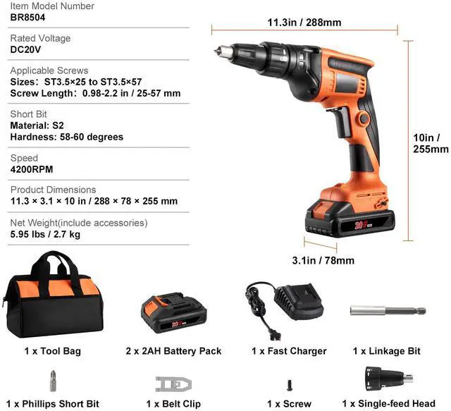 Alt view image 14 of 14 - VEVOR Drywall Screw Gun, 20V Max Drywall Screwgun, 4200RPM Brushless Cordless Drywall Gun Kit with 2 Battery Packs, Charger, Belt Clip, and Tool Bag, Forward and Reverse Adjustable, Built-in LED Light