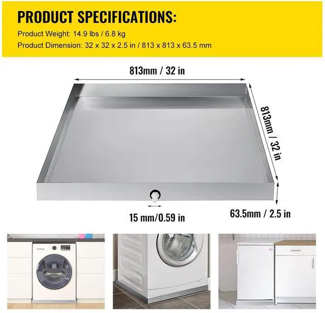 Alt view image 7 of 7 - 32 x 32 x 2.5 Inch Washing Machine Pan 18 GA Thickness 304 Stainless Steel Heavy Duty Compact Washer Drip Tray with Drain Hole & Hose Adapter