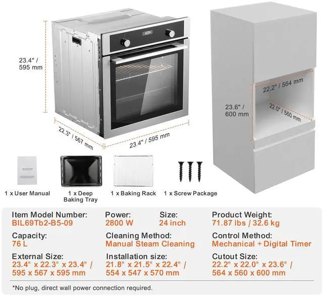 Alt view image 8 of 8 - VEVOR Single Wall Oven 24" Electric Built-in Wall Oven 9 Functions 2.68 Cu. Ft