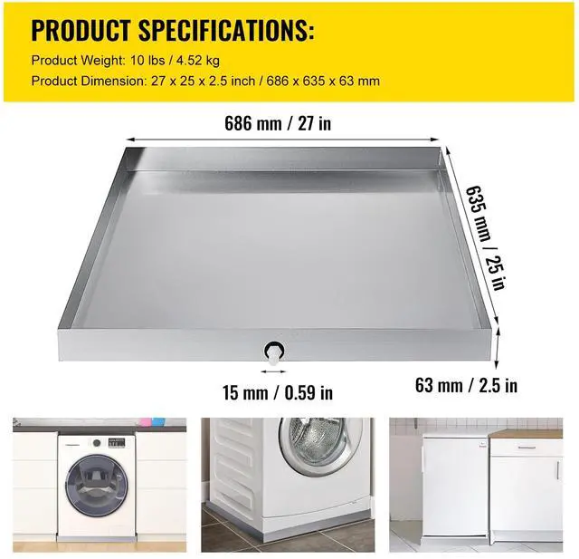 Alt view image 7 of 7 - 27 x 25 x 2.5 Inch Washing Machine Pan 304 Stainless Steel Washing Machine Drain Pan 18 GA Thickness Heavy Duty Compact Washer Drip Tray with Drain Hole & Hose Adapter