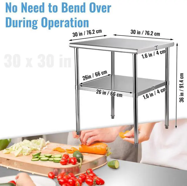 Alt view image 15 of 15 - VEVOR Stainless Steel Prep Table, 30 x 30 x 36 Inch, 800lbs Load Capacity Heavy Duty Metal Worktable with Adjustable Undershelf & Feet, Commercial Workstation for Kitchen Garage Restaurant Backyard
