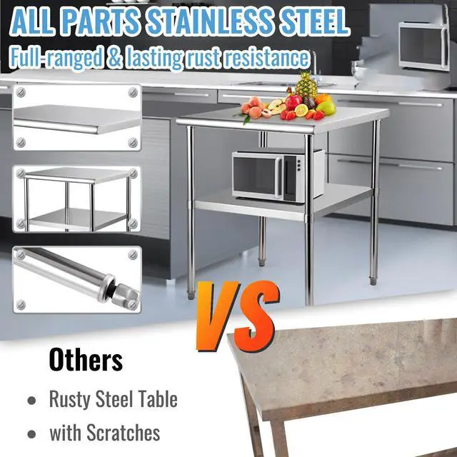 Alt view image 11 of 15 - VEVOR Stainless Steel Prep Table, 30 x 30 x 36 Inch, 800lbs Load Capacity Heavy Duty Metal Worktable with Adjustable Undershelf & Feet, Commercial Workstation for Kitchen Garage Restaurant Backyard