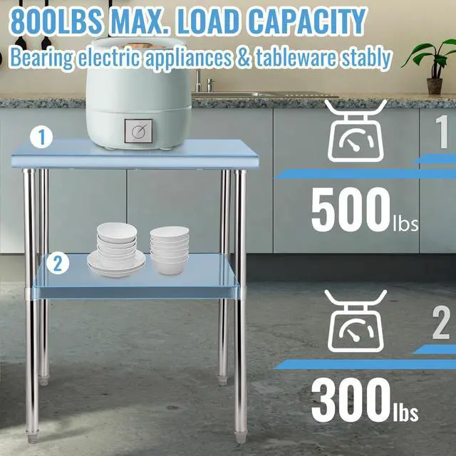 Alt view image 12 of 15 - VEVOR Stainless Steel Prep Table, 30 x 30 x 36 Inch, 800lbs Load Capacity Heavy Duty Metal Worktable with Adjustable Undershelf & Feet, Commercial Workstation for Kitchen Garage Restaurant Backyard