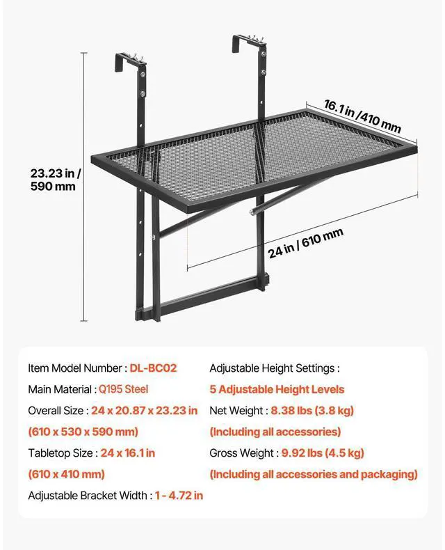 Alt view image 8 of 8 - Balcony Hanging Table 19 x 24 in Outdoor Metal Patio Railing Table Adjustable