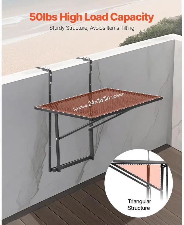 Alt view image 4 of 8 - Balcony Hanging Table 19 x 24 in Outdoor Metal Patio Railing Table Adjustable