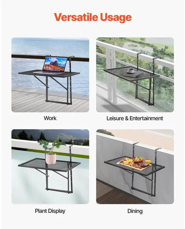 Alt view image 7 of 8 - Balcony Hanging Table 19 x 24 in Outdoor Metal Patio Railing Table Adjustable