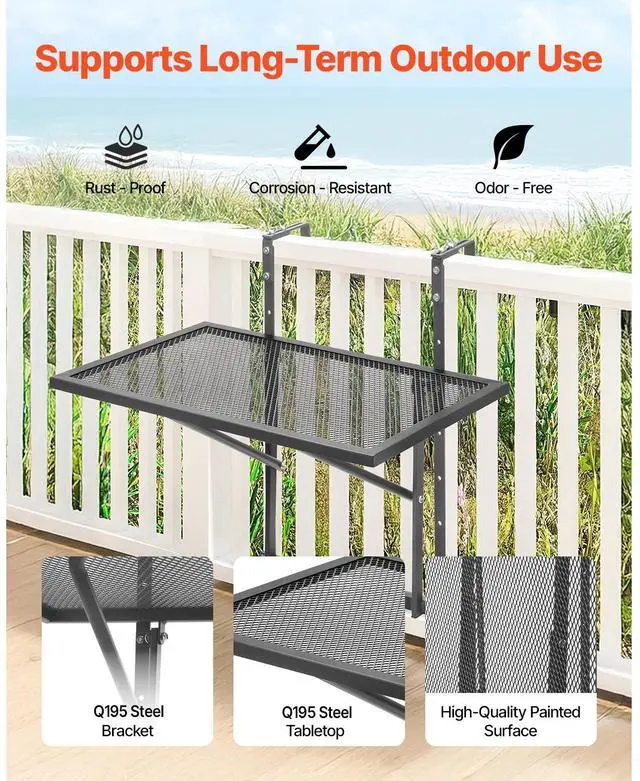 Alt view image 3 of 8 - Balcony Hanging Table 19 x 24 in Outdoor Metal Patio Railing Table Adjustable
