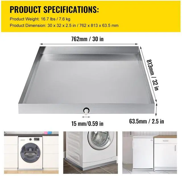 Alt view image 7 of 7 - 32 x 30 x 2.5 Inch Washing Machine Pan 18 GA Thickness Galvanized Steel Heavy Duty Compact Washer Drip Tray with Drain Hole & Hose Adapter