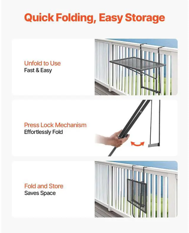 Alt view image 6 of 8 - Balcony Hanging Table 19 x 24 in Outdoor Metal Patio Railing Table Adjustable