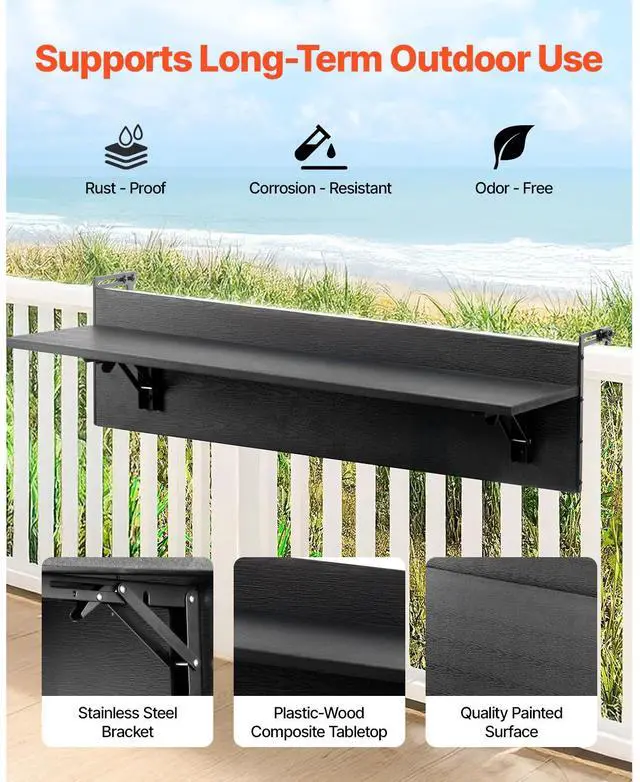 Alt view image 3 of 8 - Balcony Hanging Table 12 x 32 in Outdoor Patio Railing Bar Table Foldable