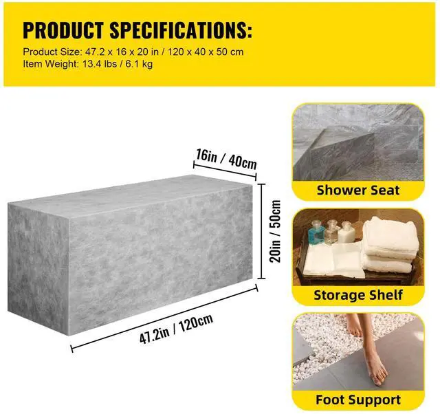 Alt view image 15 of 15 - VEVOR Tile Shower Seat, 47.2" x 16" x 20" Ready to Tile Shower Seat, Factory Waterproof & 100% Leak Proof Tileable Shower Corner Seat, 440lbs Load-Bearing Rectangular Board Shower Bench, Grey