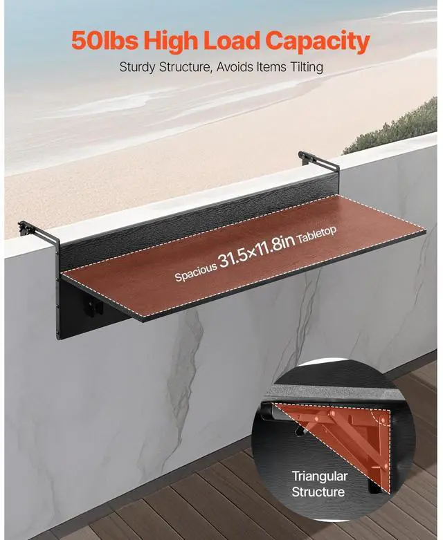 Alt view image 4 of 8 - Balcony Hanging Table 12 x 32 in Outdoor Patio Railing Bar Table Foldable