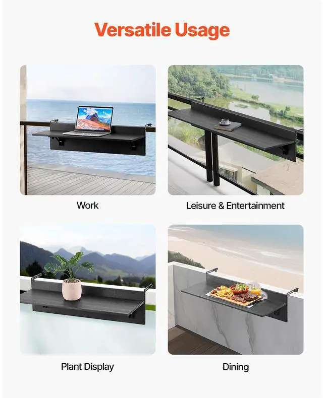 Alt view image 7 of 8 - Balcony Hanging Table 12 x 32 in Outdoor Patio Railing Bar Table Foldable