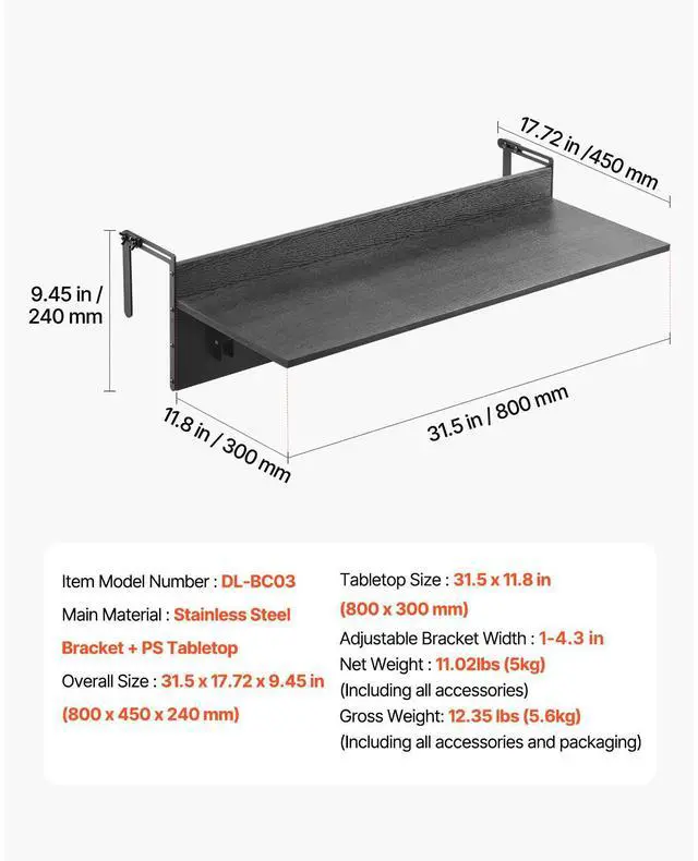 Alt view image 8 of 8 - Balcony Hanging Table 12 x 32 in Outdoor Patio Railing Bar Table Foldable